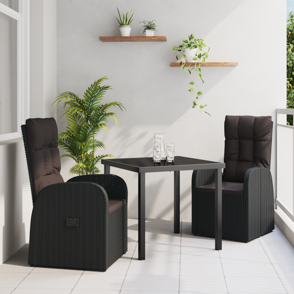vidaXL 3-delat trädgårdsset med dynor Svart Poly Rattan
