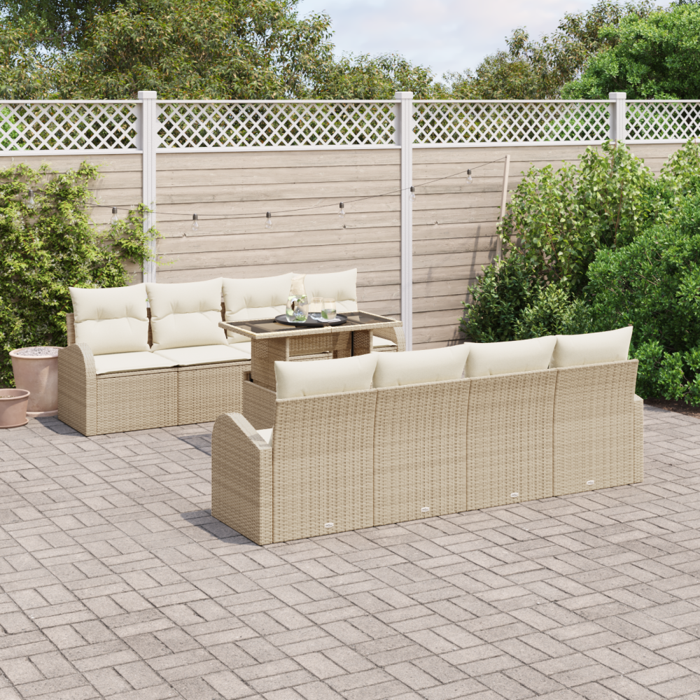 vidaXL 9-delars trädgårdsofabord med kuddar beige poly rotting