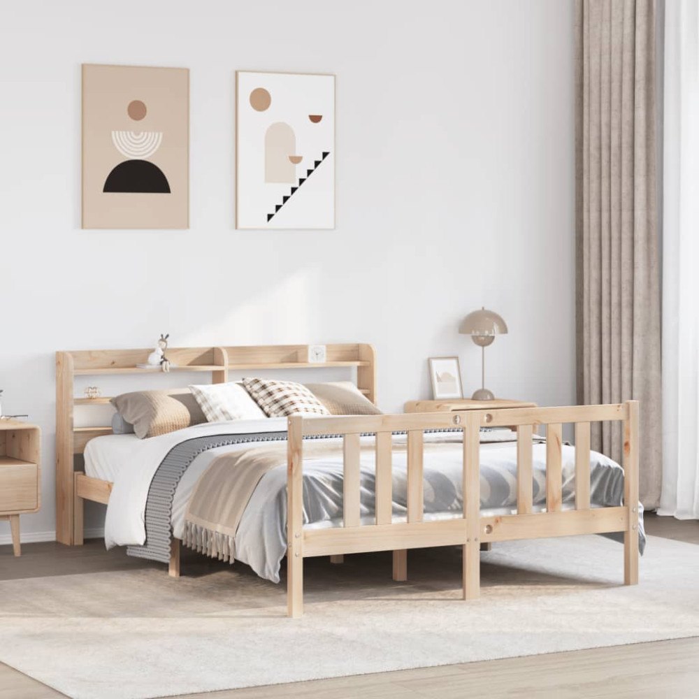 vidaXL Sängram med huvudgavel 135x190 cm massiv furu