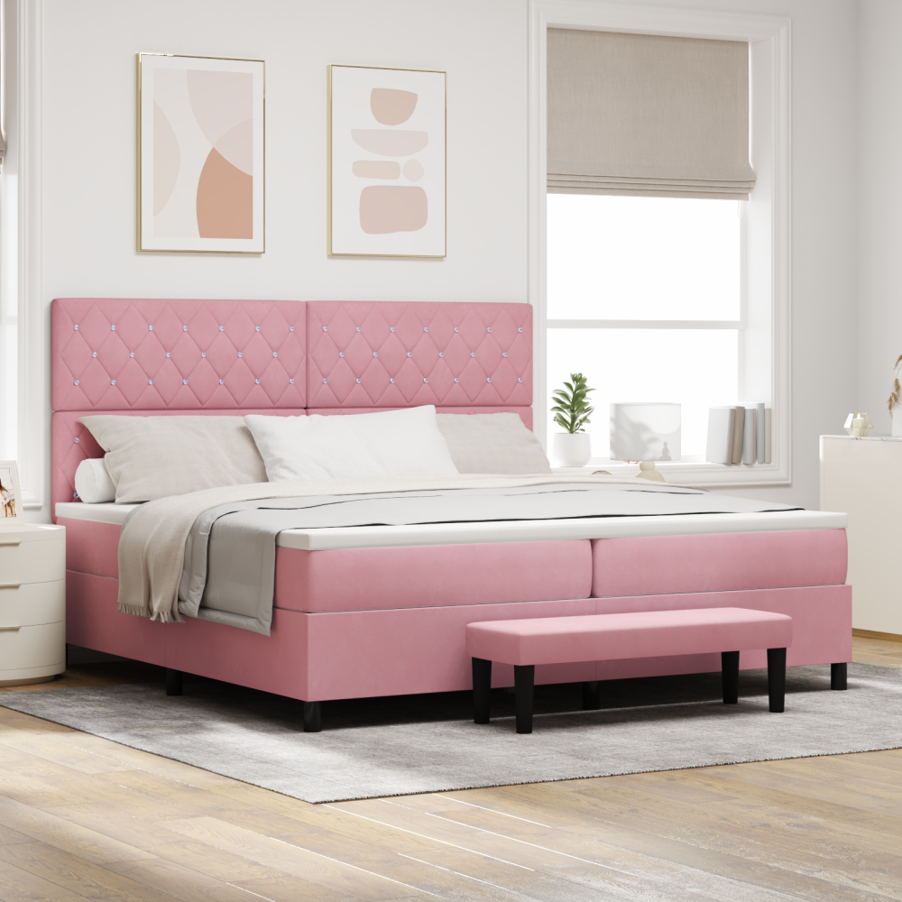 vidaXL Bäddfjäder med madrass med huvudgavel Rosa 200 x 200 cm Sammet