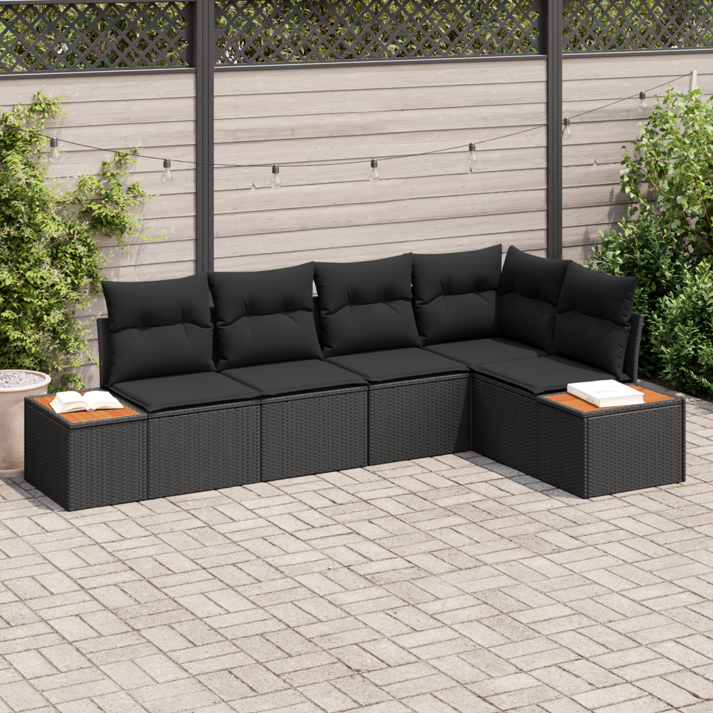 vidaXL 5-delad trädgårdsoffset med kuddar svart poly rattan akacia