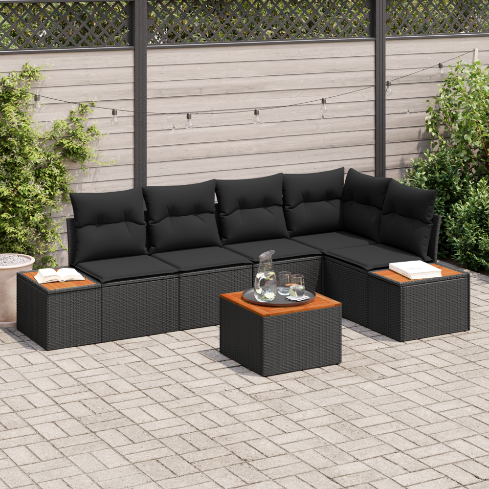 vidaXL 6 Delar Trädgårdsoffaset Med Kuddar Svart Poly Rattan Akacia