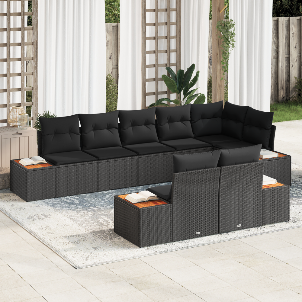 vidaXL 8-delat Trädgårdsofa Set med Kuddar Svart Poly Rattan Akacia