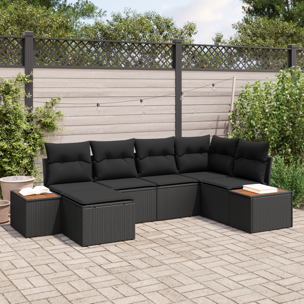 vidaXL 6-delars trädgårdsoffaset med kuddar Svart Poly Rattan Akacia