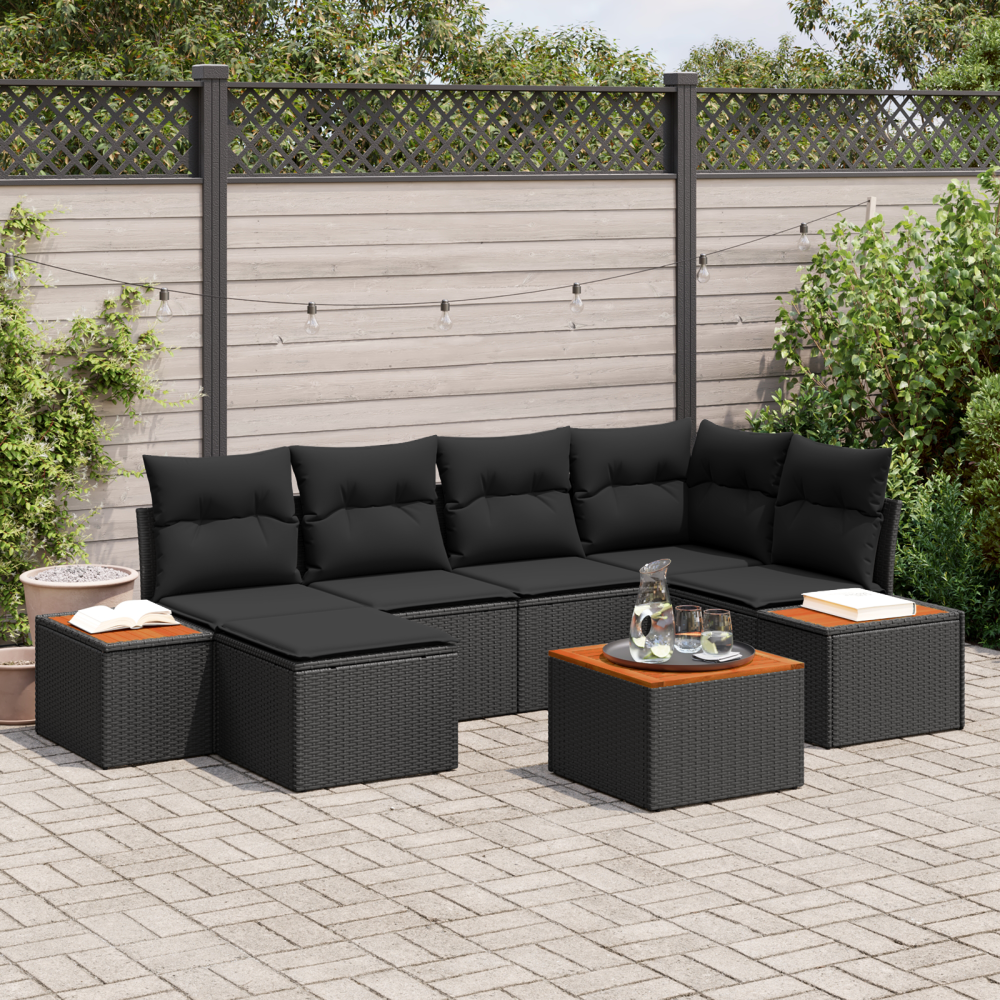 vidaXL 7-delars Trädgårdsoff Set med Kuddar Svart Poly Rattan Akacia