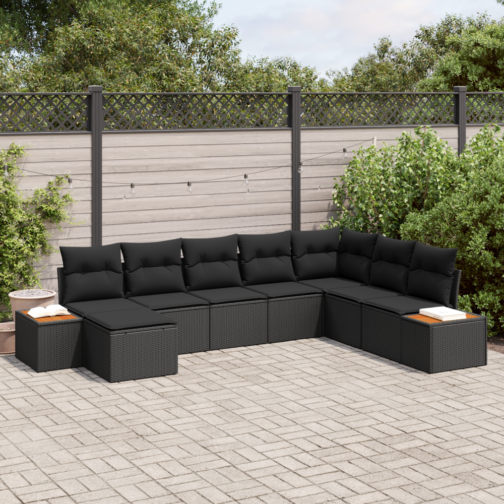 vidaXL 8-delad trädgårdsoffasett med kuddar svart poly-rattan akacia
