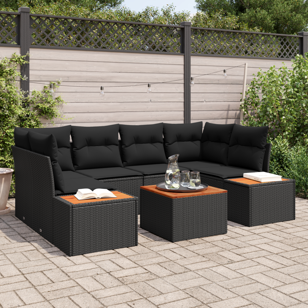 vidaXL 6 Delar Trädgårdsoffaset med Kuddar Svart Poly Rattan Akacia