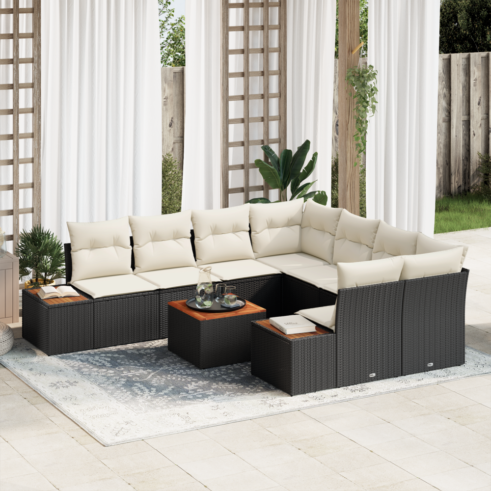 vidaXL 9-delad Trädgårdsoff Set med Kuddar Svart Poly Rattan Akacia