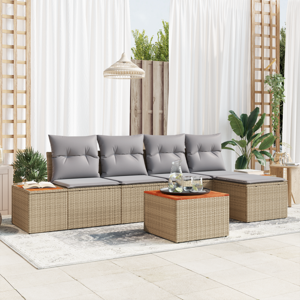 vidaXL 6-delars trädgårdsoffaset med kuddar - Beige poly-rattan och akacia