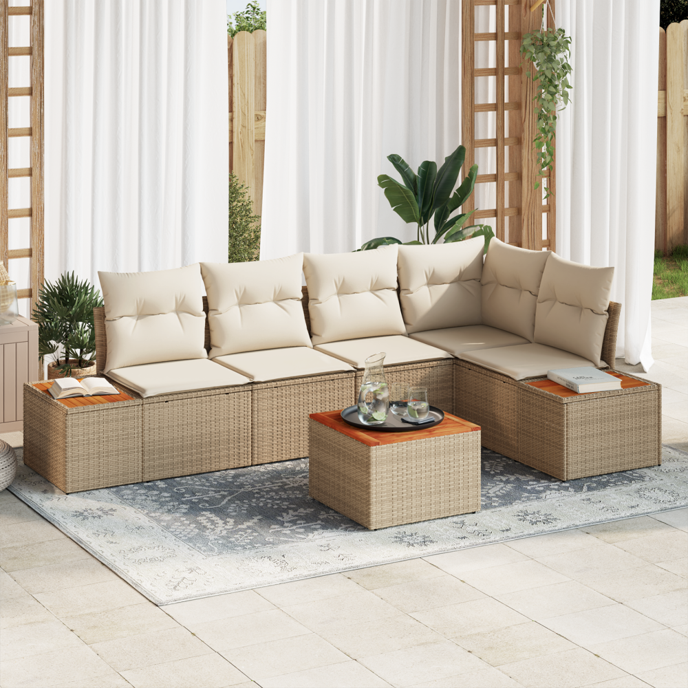 vidaXL 6-delars trädgårdsoff set med kuddar i beige poly rattan och akacia.