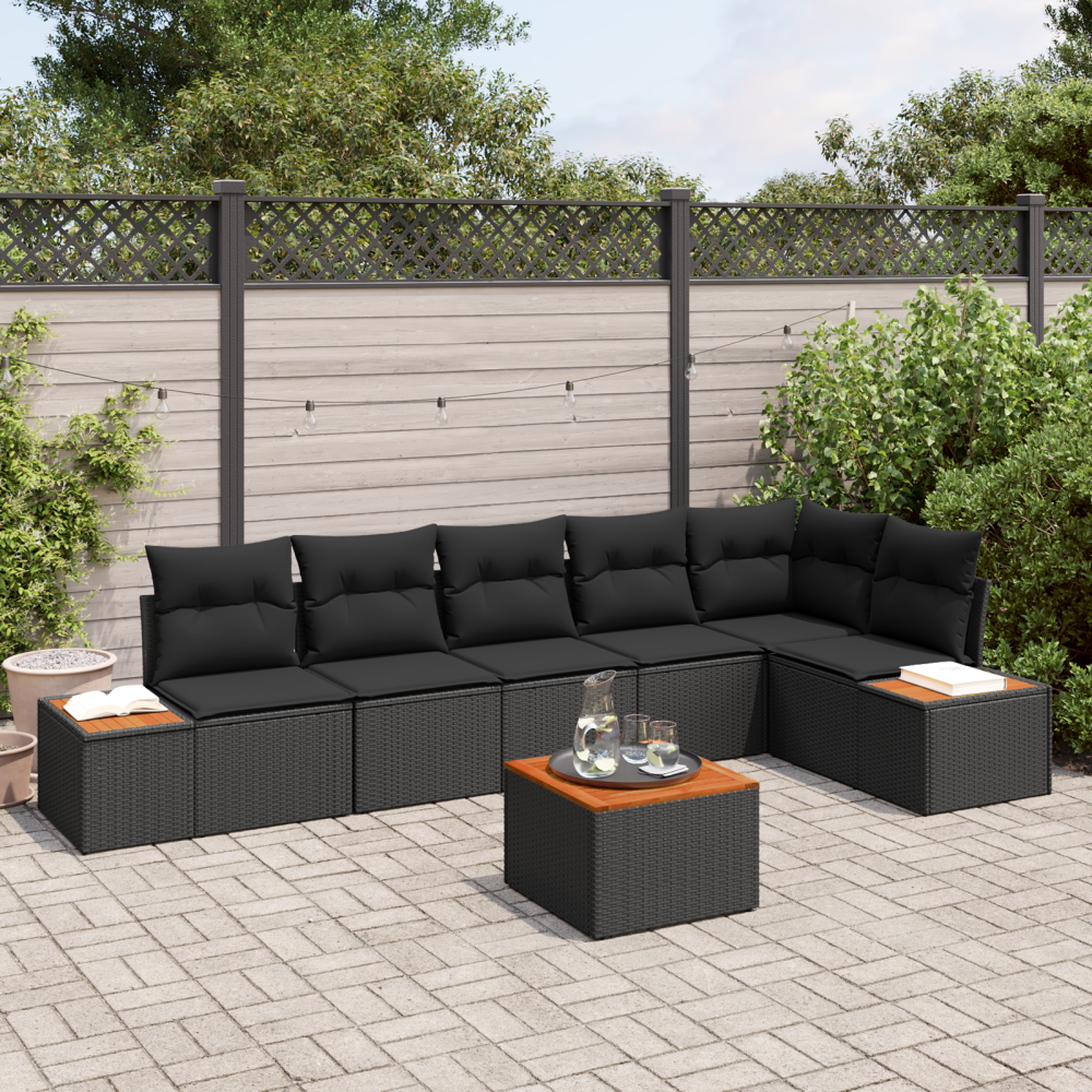 vidaXL 7-delars trädgårdssoffa med kuddar i svart poly-rattan och akaciaträ