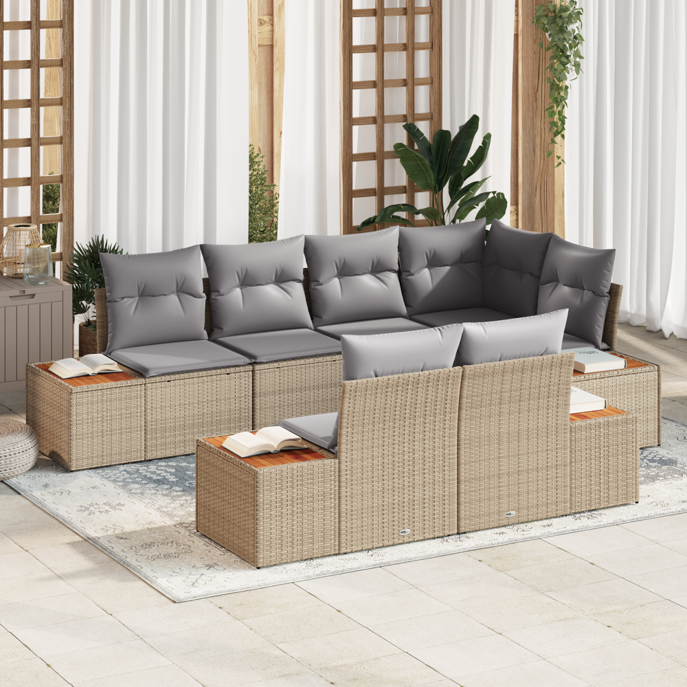 vidaXL 7-delars trädgårdsoffgrupp med kuddar i beige poly-rattan och akacia