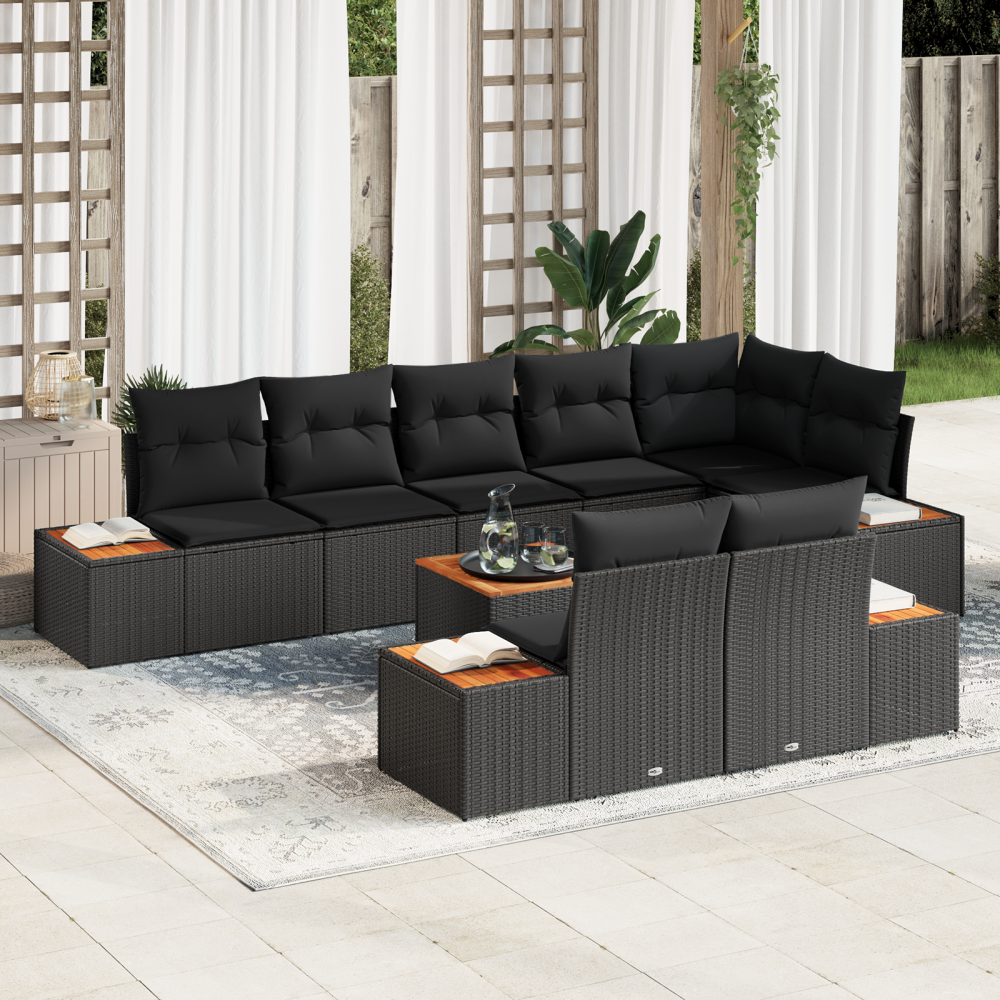 vidaXL 9-delars trädgårdsoffor set med kuddar i svart poly rattan och akacia.