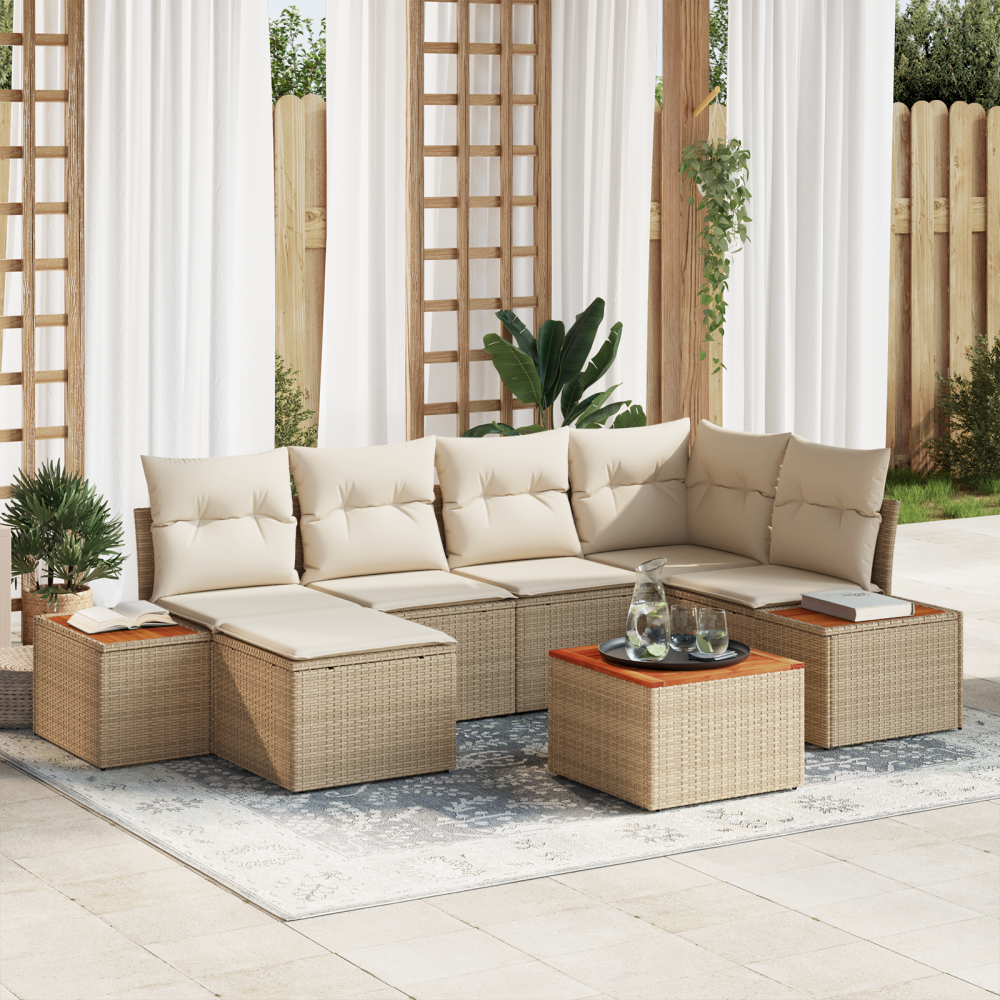 vidaXL 7-delars trädgårdsoffor med kuddar i beige poly-rattan och akacia
