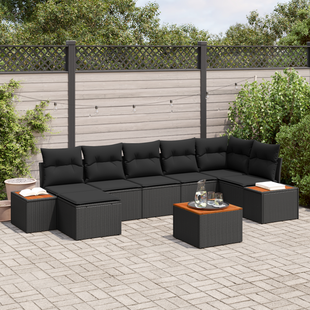 vidaXL 8-delad trädgårdsoffasett med kuddar Svart Poly Rattan Akacia