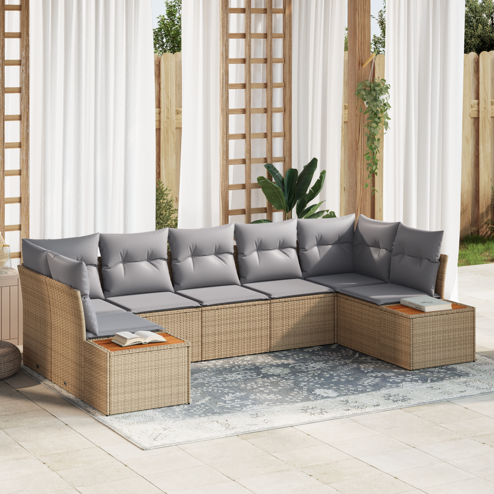 vidaXL 7 Delar Trädgårdsoff-set med Kuddar Beige Poly Rattan Akacia