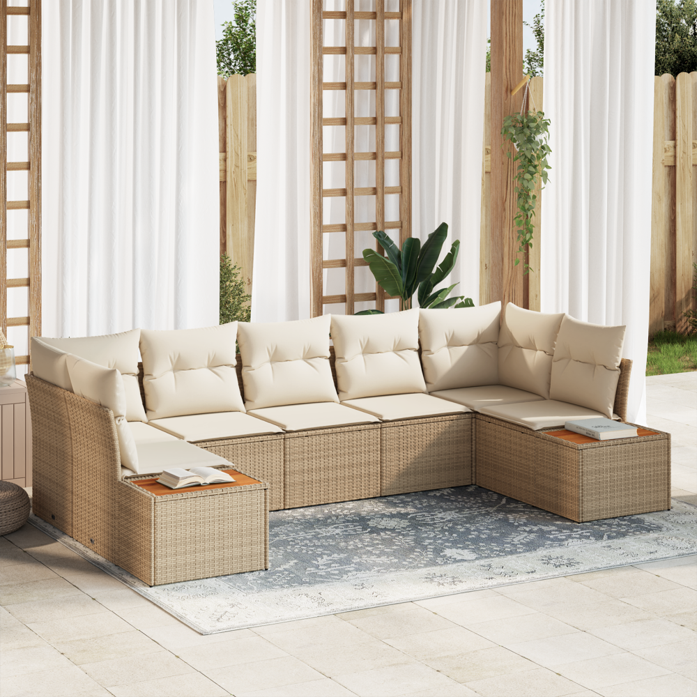 vidaXL 7-delars soffa med kuddar i beige poly-rattan och akacia