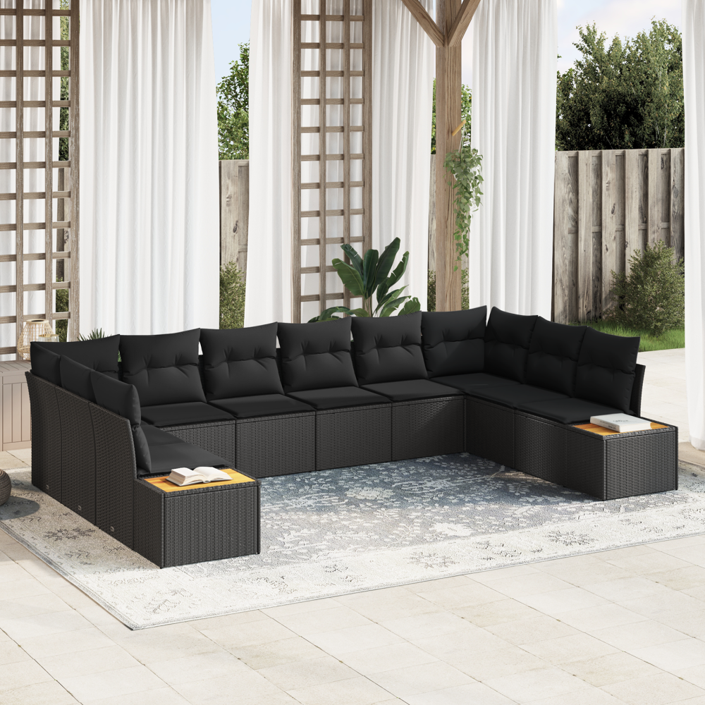 vidaXL 10-delars trädgårdsoff-set med kuddar svart poly rattan akacia