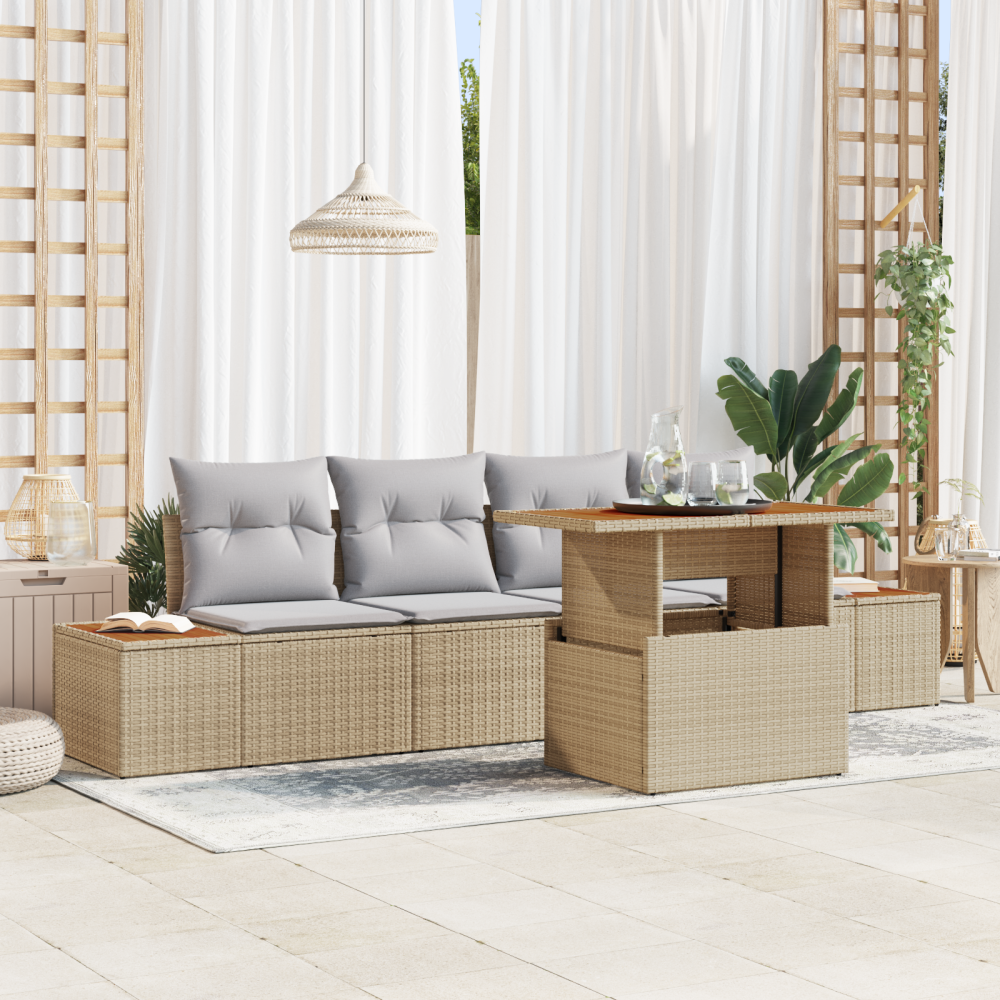 vidaXL 5 Delar Trädgårdsoffset med Kuddar Beige Poly Rattan
