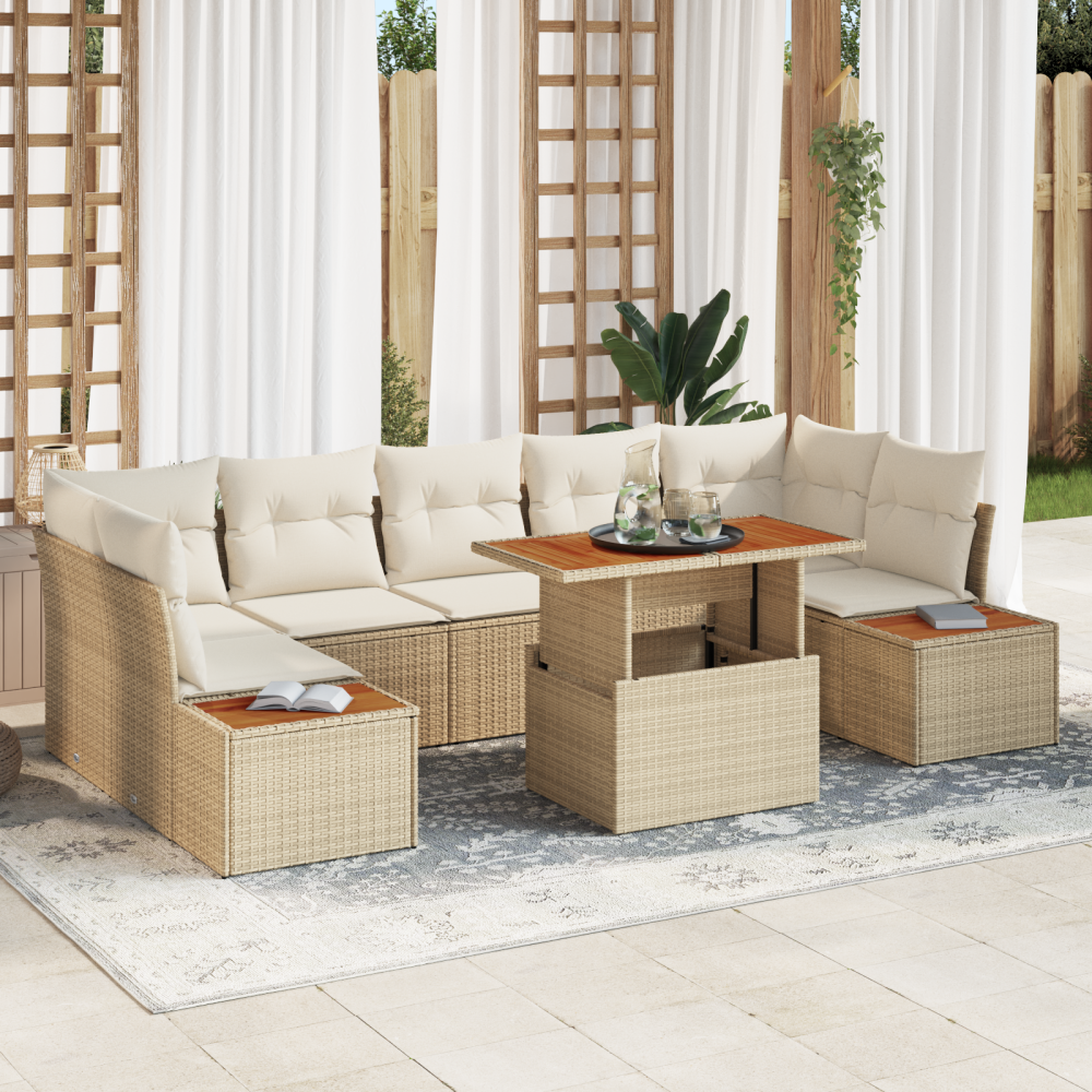 vidaXL 8-delars trädgårdsoff-set med kuddar i beige poly-rattan
