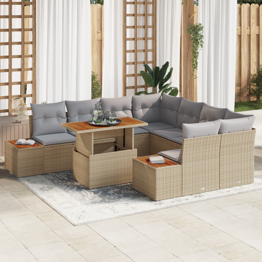 vidaXL 9-delars Trädgårdsoffset med Kuddar i Beige Poly Rattan