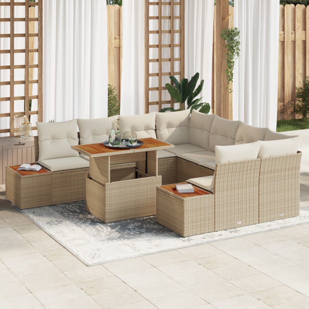 vidaXL 9-delars trädgårdsoffset med kuddar, beige poly rattan