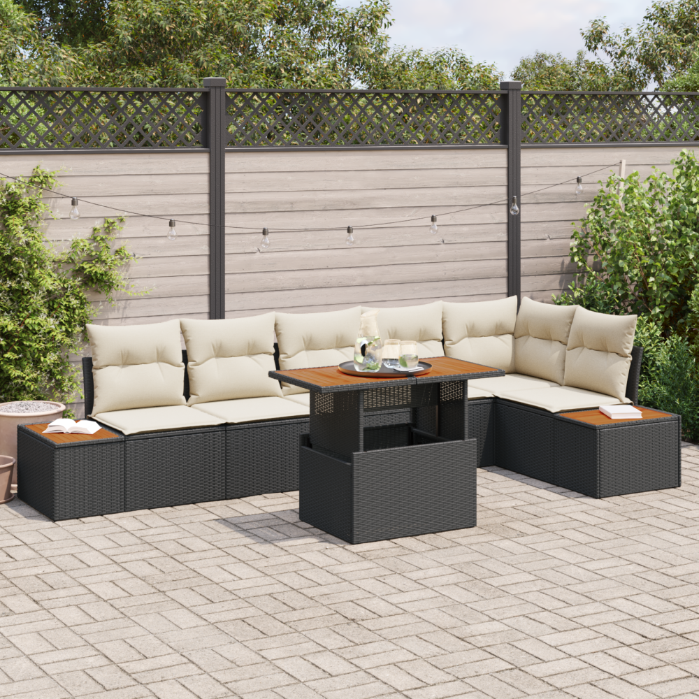 vidaXL Trädgårdsoffset med lagring 7 pcs Svart Poly rattan