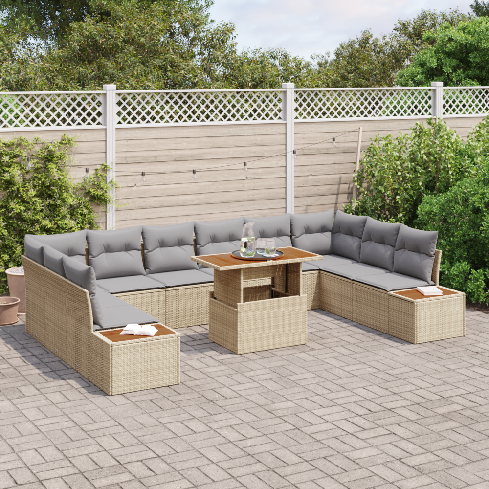 vidaXL 11-delars trädgårdsoffset med kuddar beige poly rattan