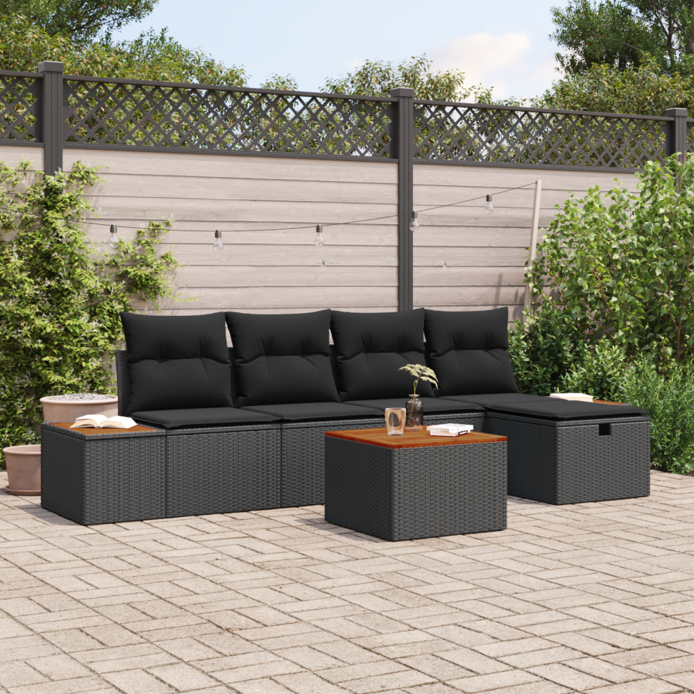 vidaXL Trädgårdsoffset med kudde 6 pcs Svart Poly rattan
