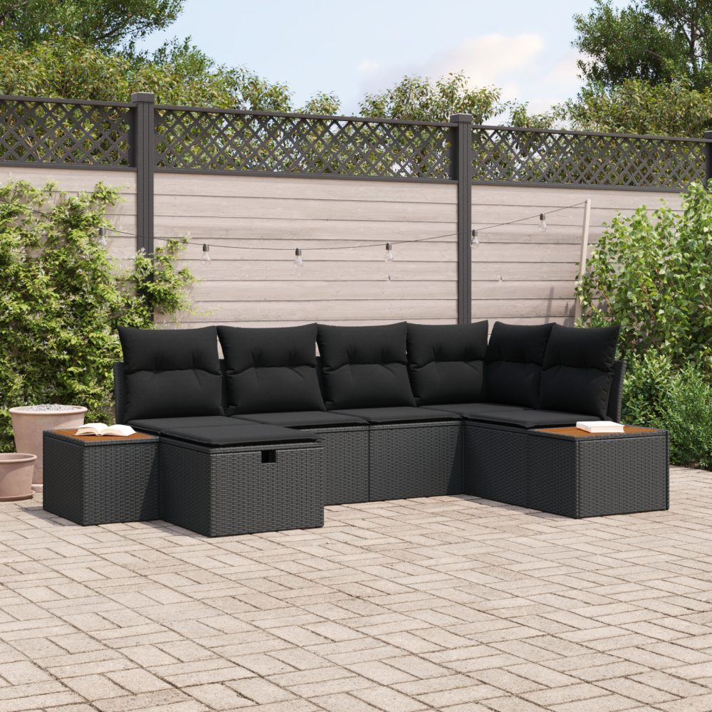vidaXL Trädgårdsoffset med kudde 6 pcs Svart Poly rattan