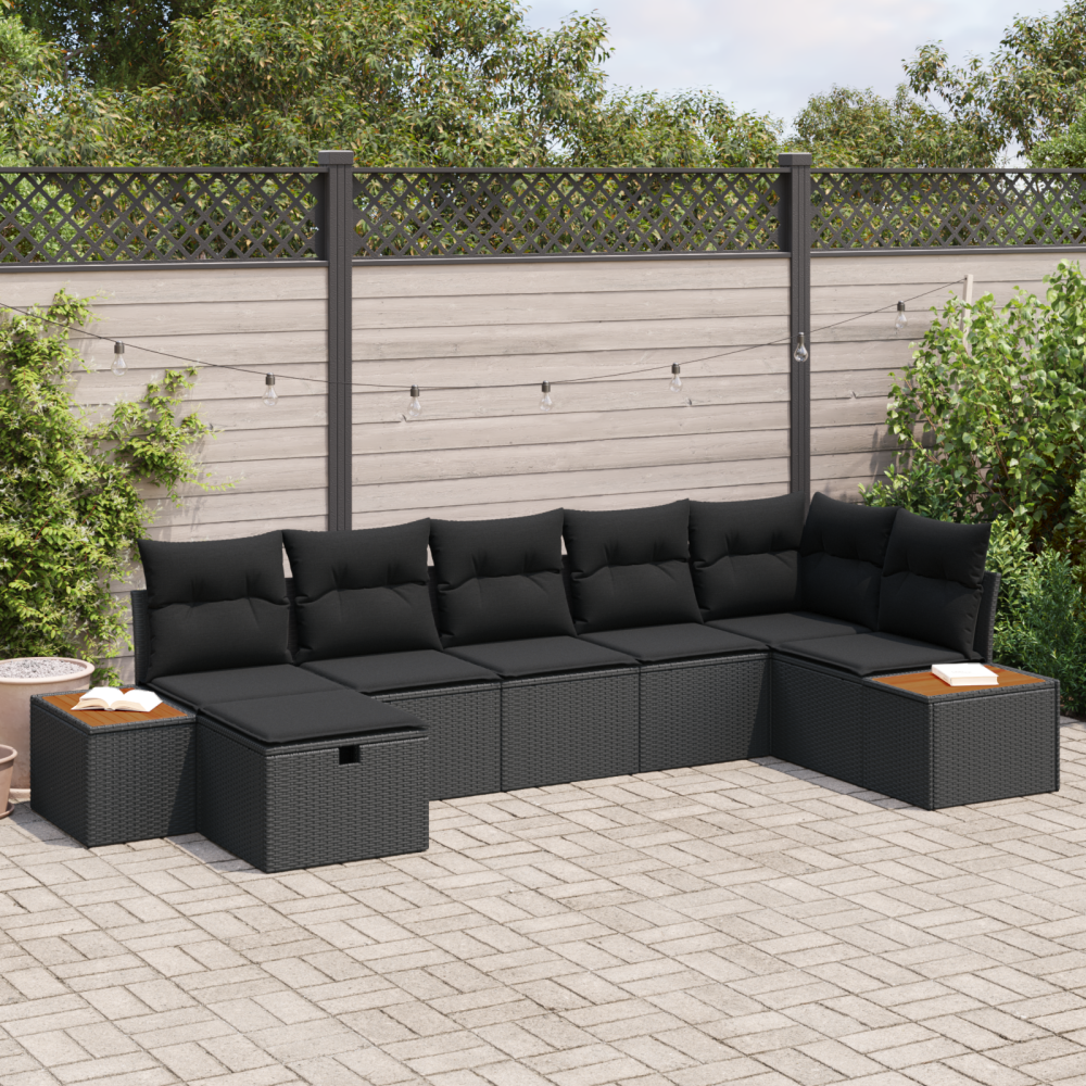 vidaXL Trädgårdsoffset med kudde 7 pcs Svart Poly rattan