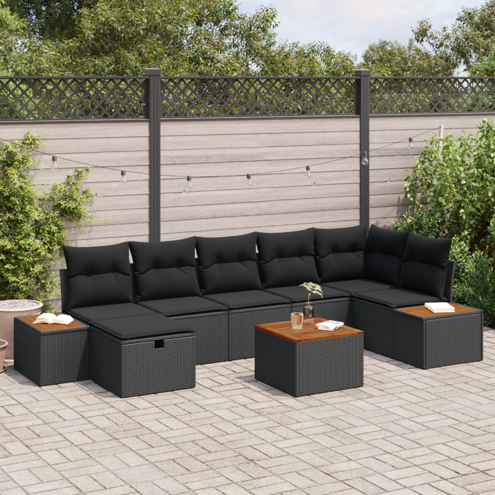 vidaXL Trädgårdsoffset med kudde 8 pcs Svart Poly rattan