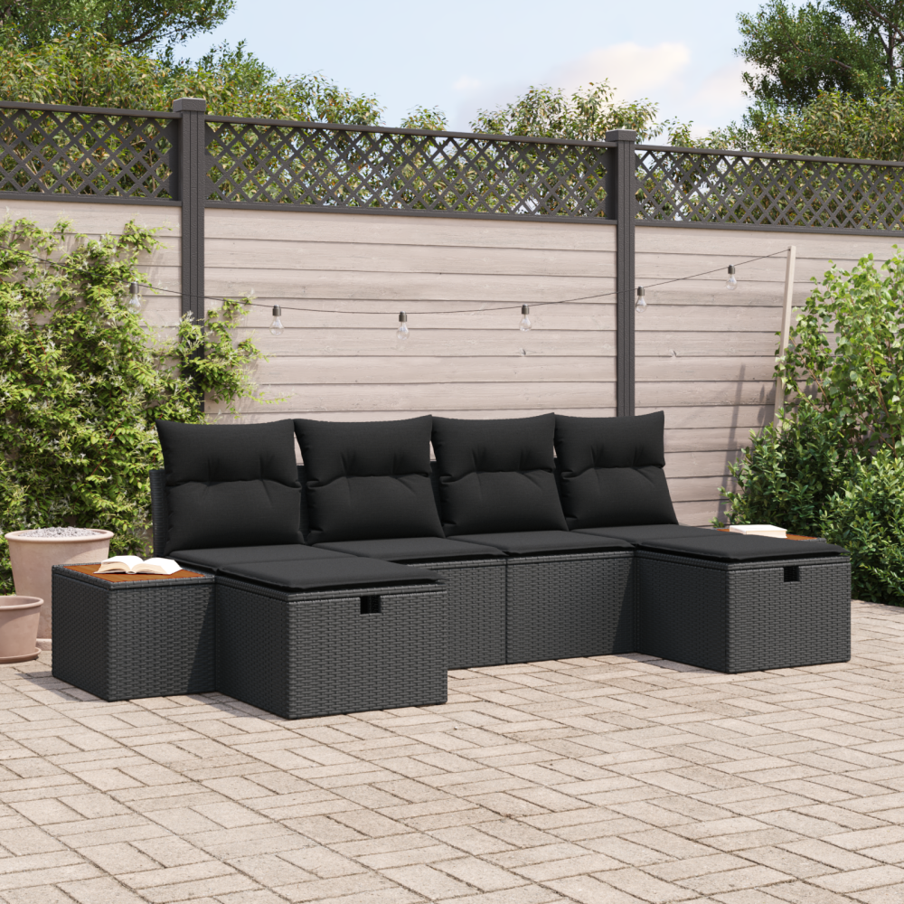 vidaXL 6 Delars Trädgårdssoffa Set med Kuddar Svart Poly Rattan