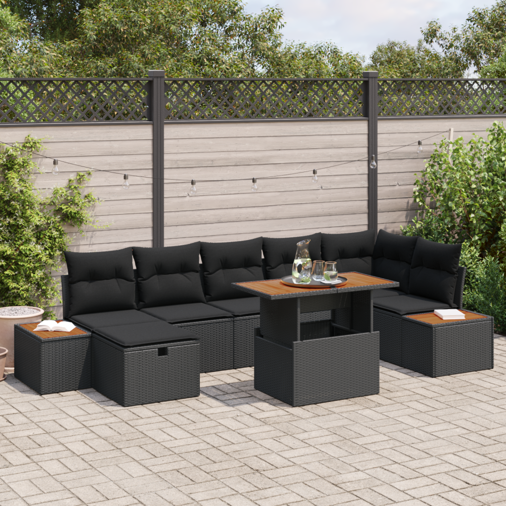 vidaXL Trädgårdsoffset med kudde med lagring 8 pcs Svart Poly rattan