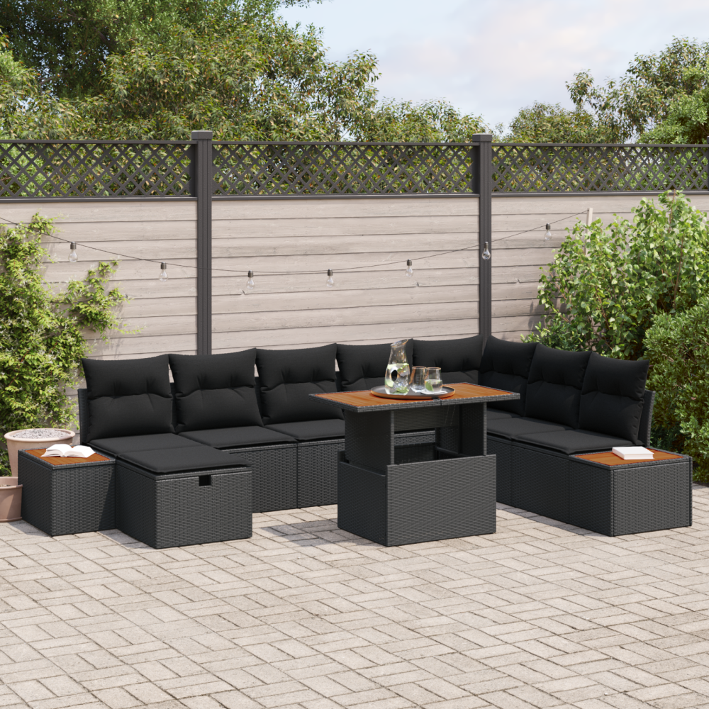 vidaXL 9-delars trädgårdsoffset med kuddar svart poly rattan