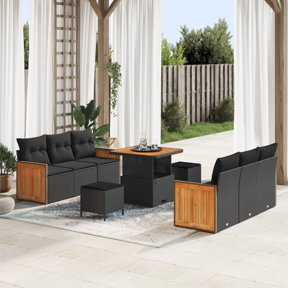 vidaXL Trädgårdsoffset med kudde 9 pcs Svart 80 x 80 x 71 cm