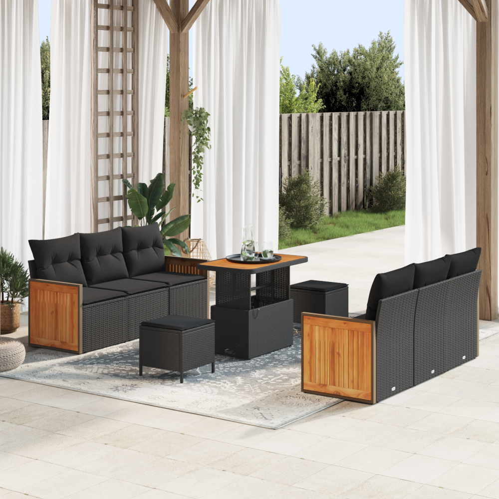 vidaXL Trädgårdsoffset med kudde 9 pcs Svart 90 x 55 x 71 cm