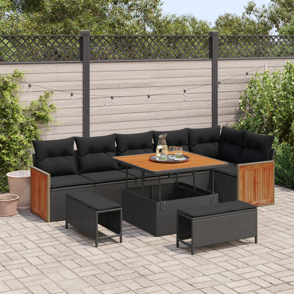 vidaXL Trädgårdsoffset med kudde 9 pcs Svart 100 x 100 x 71 cm