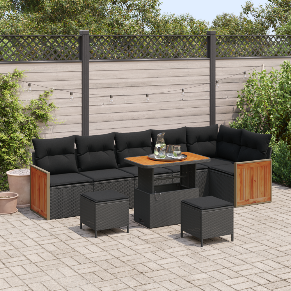 vidaXL Trädgårdsoffset med kudde 9 pcs Svart 90 x 55 x 71 cm