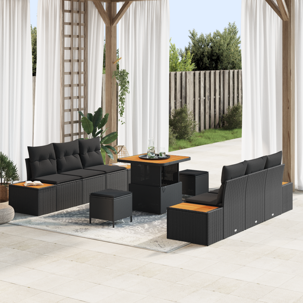 vidaXL Trädgårdsoffset med kudde med kudde 9 pcs Svart 80 x 80 x 71 cm