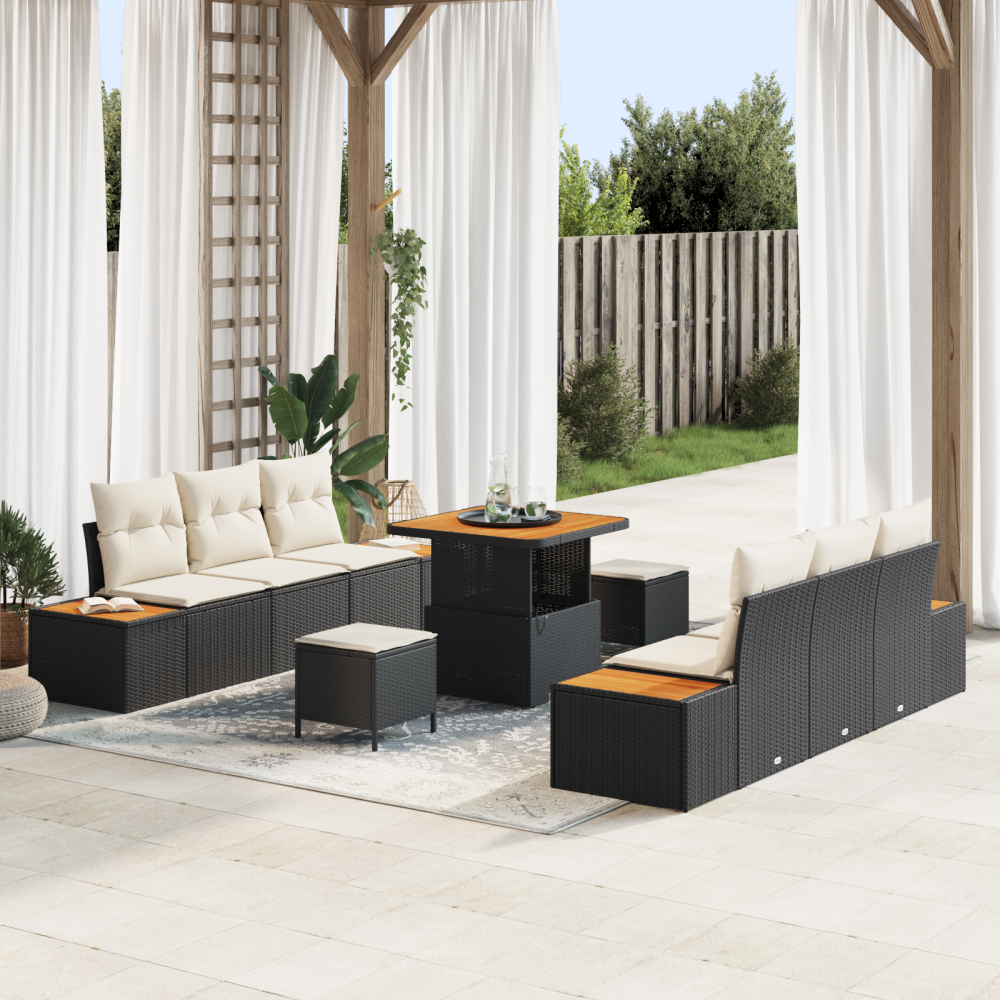 vidaXL Trädgårdsoffset med kudde 9 pcs Svart, Grädde 80 x 80 x 71 cm