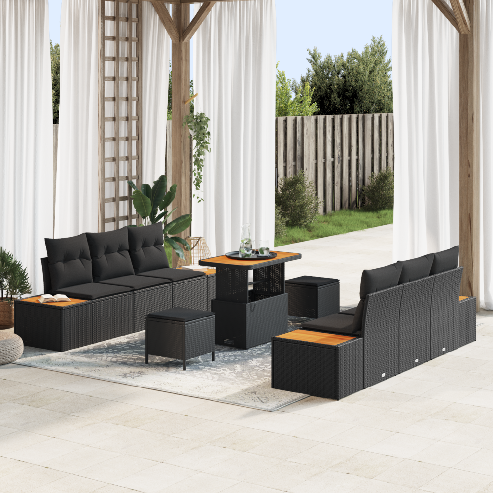 vidaXL Trädgårdsoffset med kudde med kudde 9 pcs Svart 90 x 55 x 71 cm