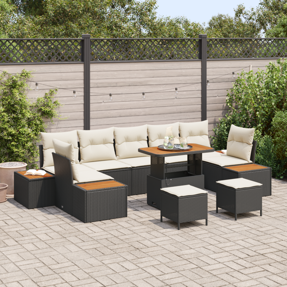 vidaXL 10-dels trädgårdsoffset med kuddar svart poly rattan akacia