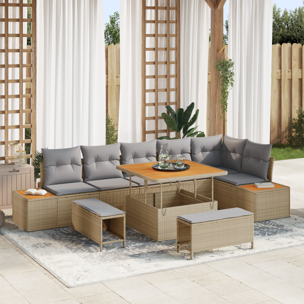 vidaXL 9-delars trädgårdsoffset med kuddar beige poly rotting akacia