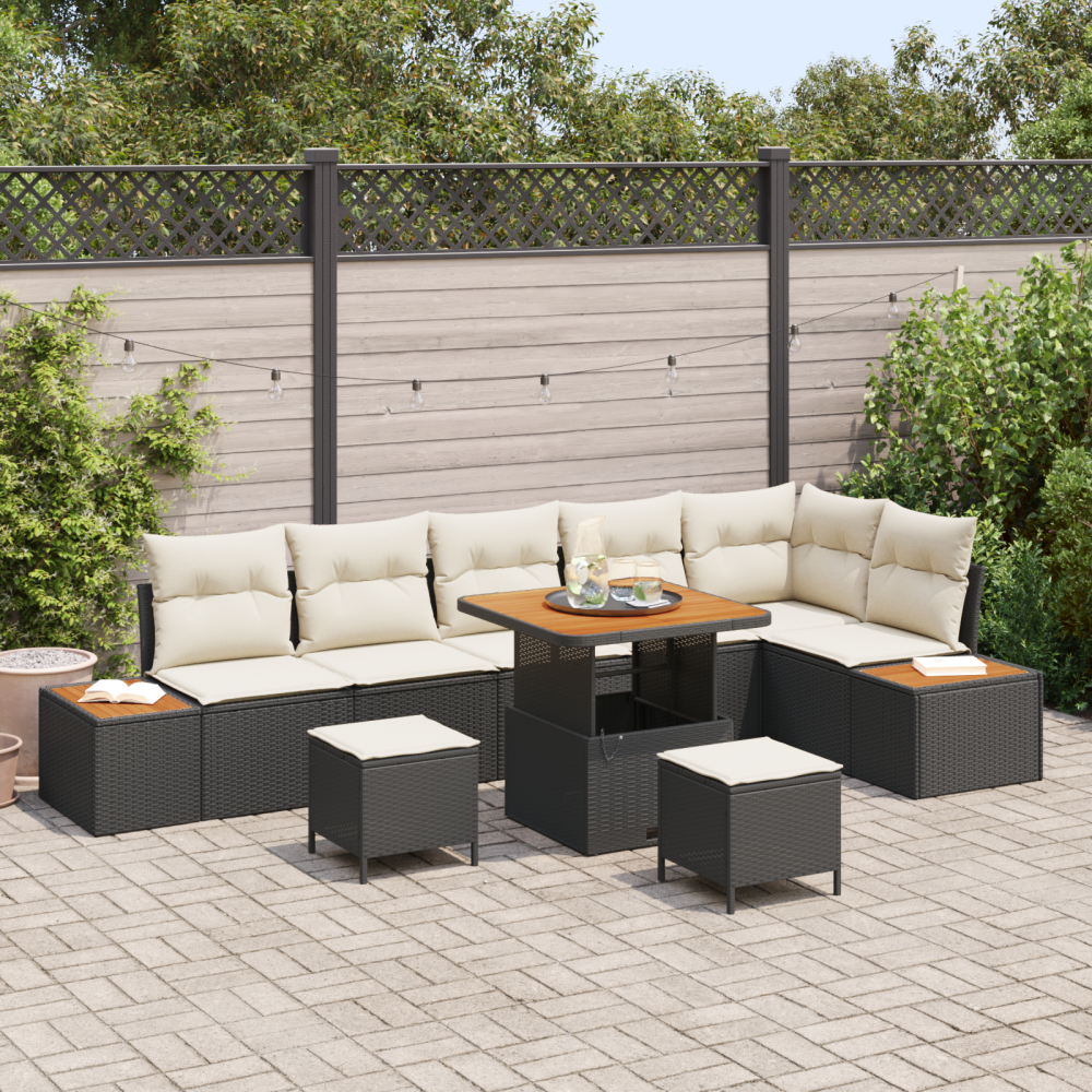 vidaXL 9-delat Trädgårdsofa Set med Kuddar Svart Poly Rotting Akacia