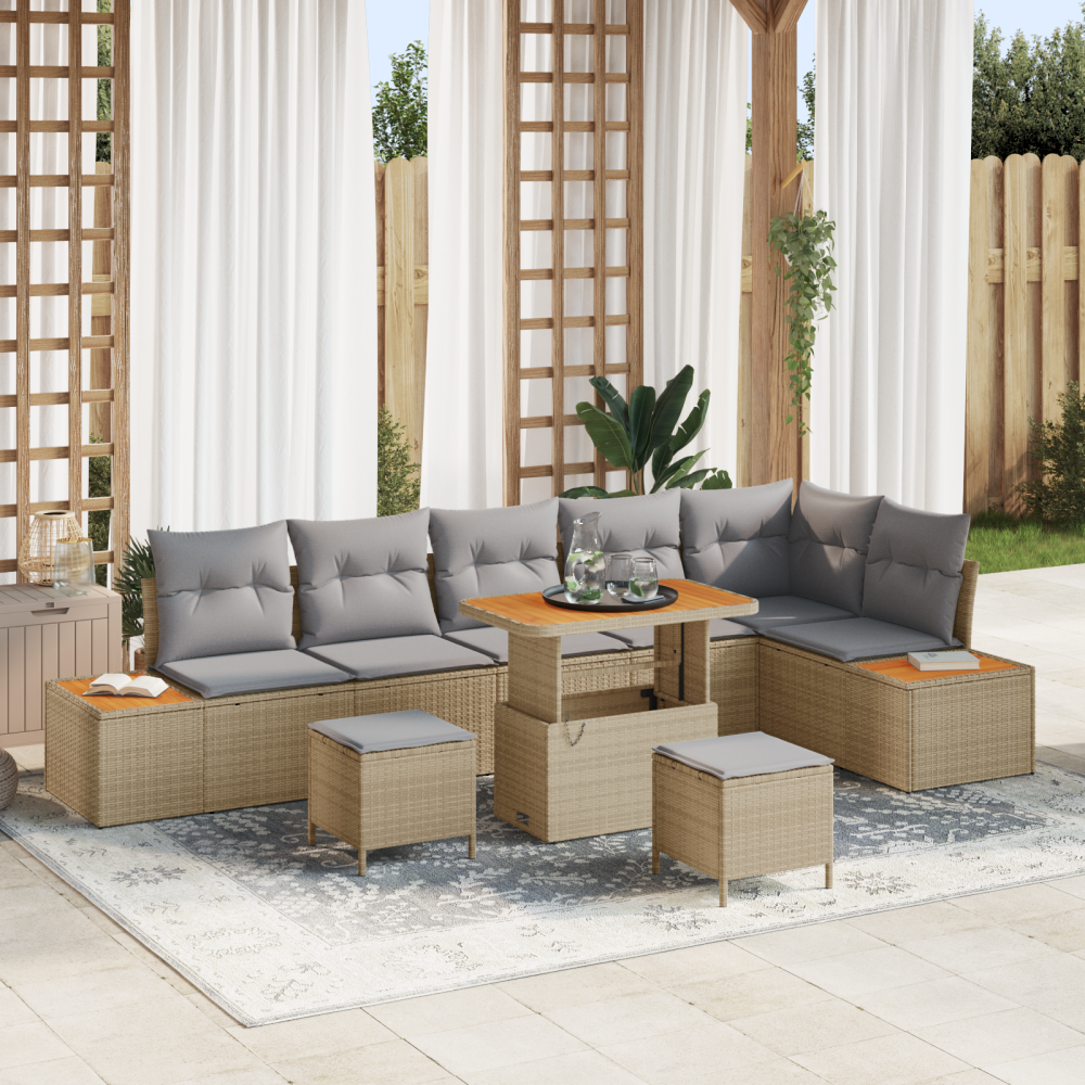 vidaXL 9 Delars Trädgårdsoffaset med Kuddar Beige Poly Rattan Akacia