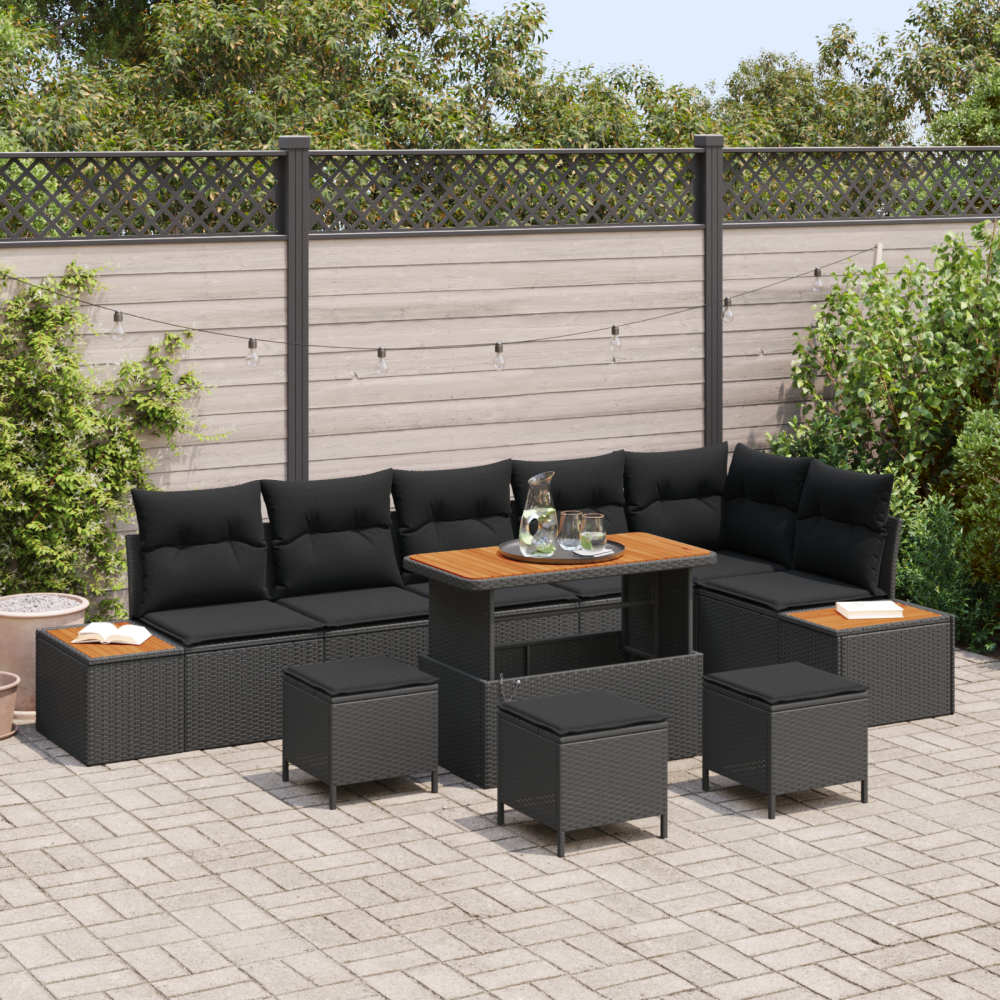 vidaXL 10 delar trädgårdsoffasett med kuddar svart poly rattan akacia