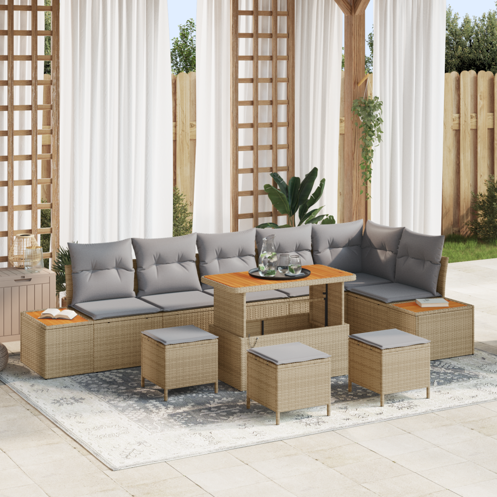 vidaXL 10-delad trädgårdsoffa med kuddar beige poly rotting akaciaträd