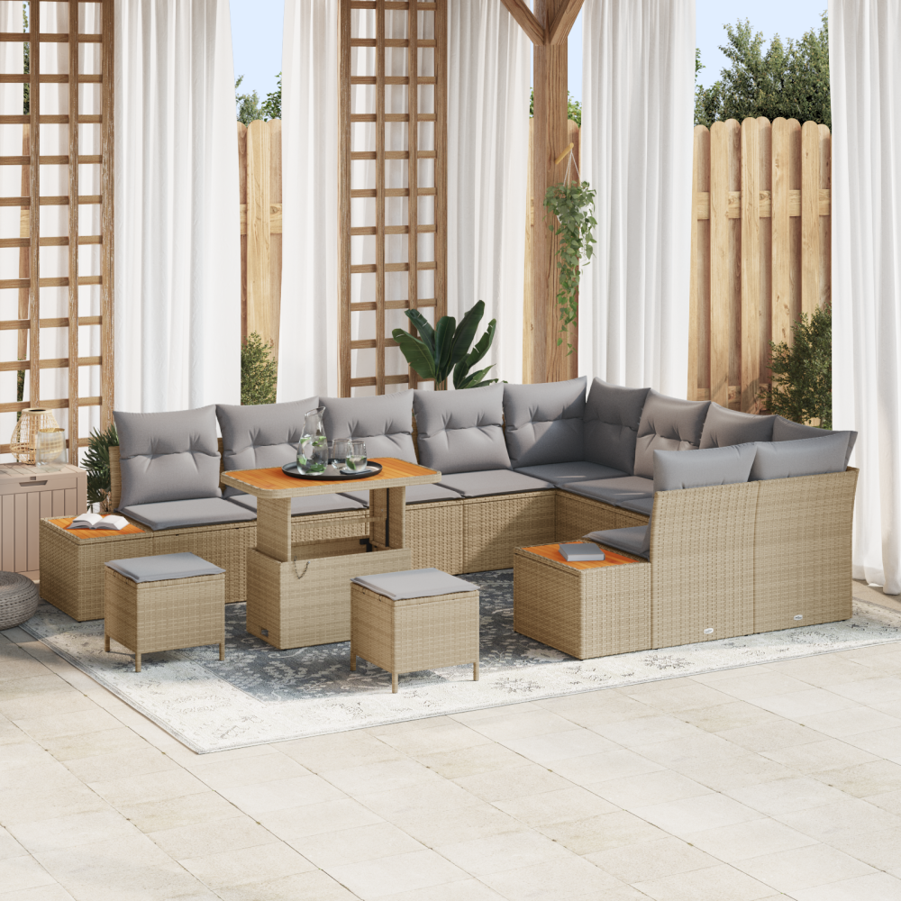 vidaXL 12 Delars Trädgårdsoffset med Kuddar Beige Poly Rattan Akacia