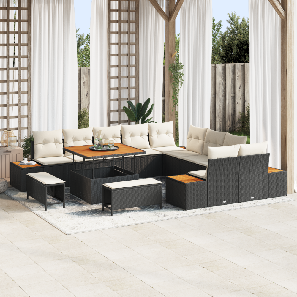 vidaXL 13-delars trädgårdsoffset med kuddar Svart Poly Rattan Acacia